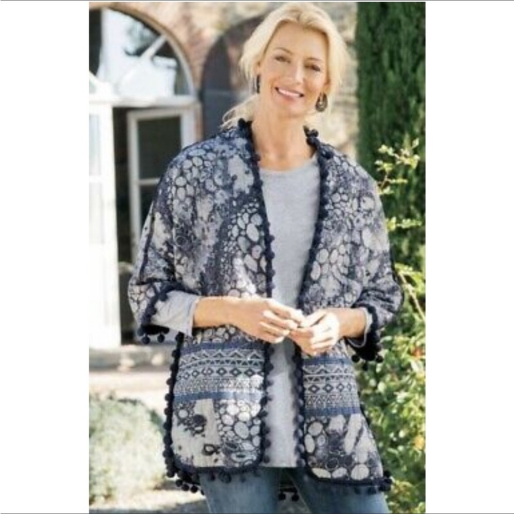 Soft Surroundings Women’s Jubilee Faux Fur Lined Quilted Pom Pom Jacket S/M NWT